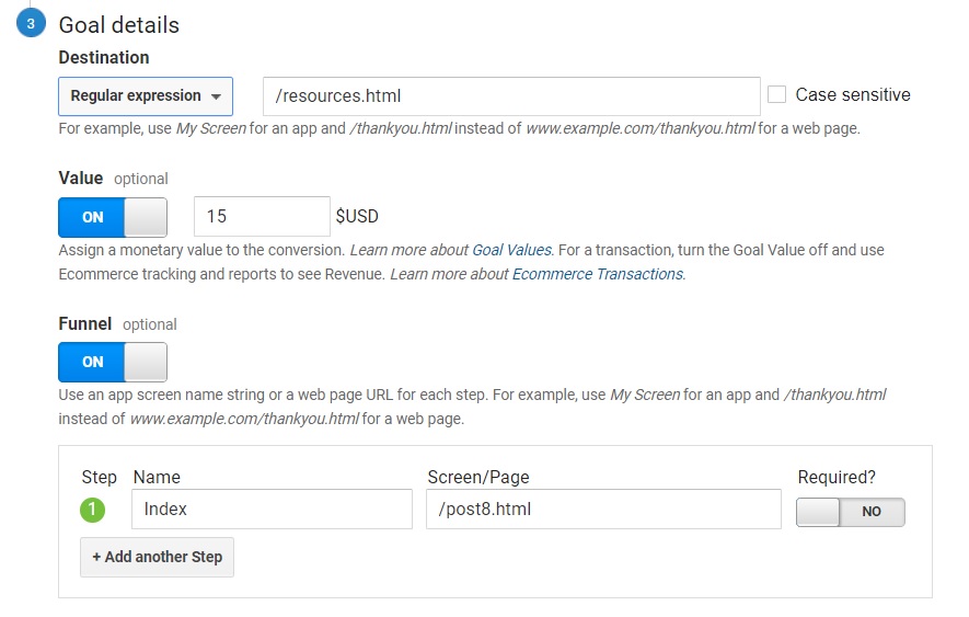 Setting up goals in Google Analytics